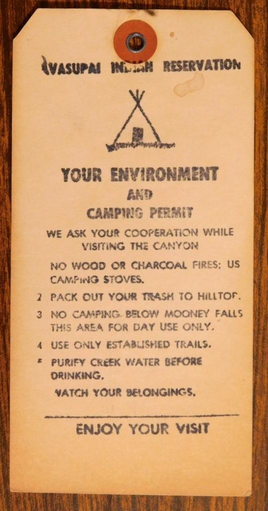 1986 Grand Canyon Havasupai Indian Reservation Camping Pass B3S1