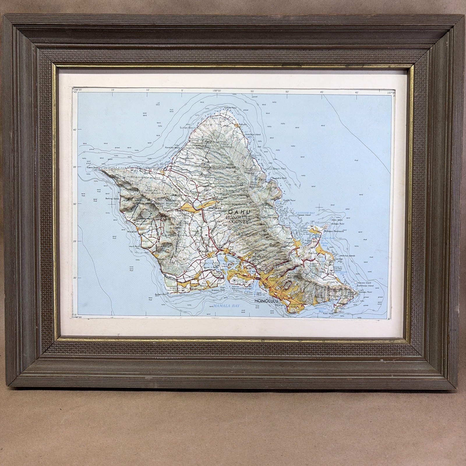 Raised Relief Map of the island of Oahu, Hawaii Honolulu 3D Framed Vintage