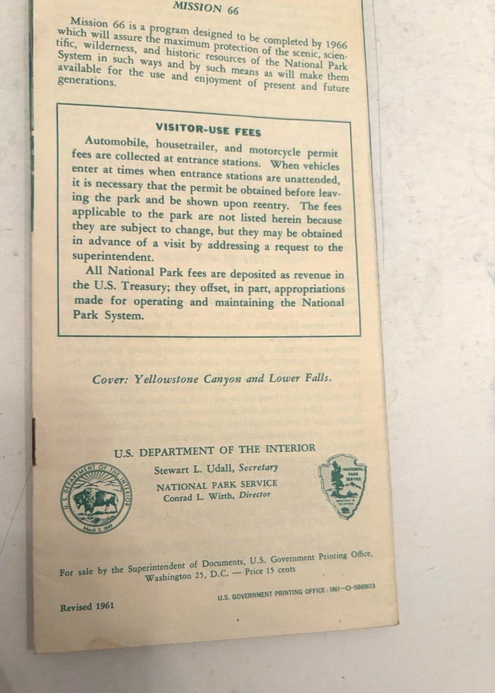 1961 Yellowstone National Park Wyoming US Dept Of the Interior Brochure Booklet