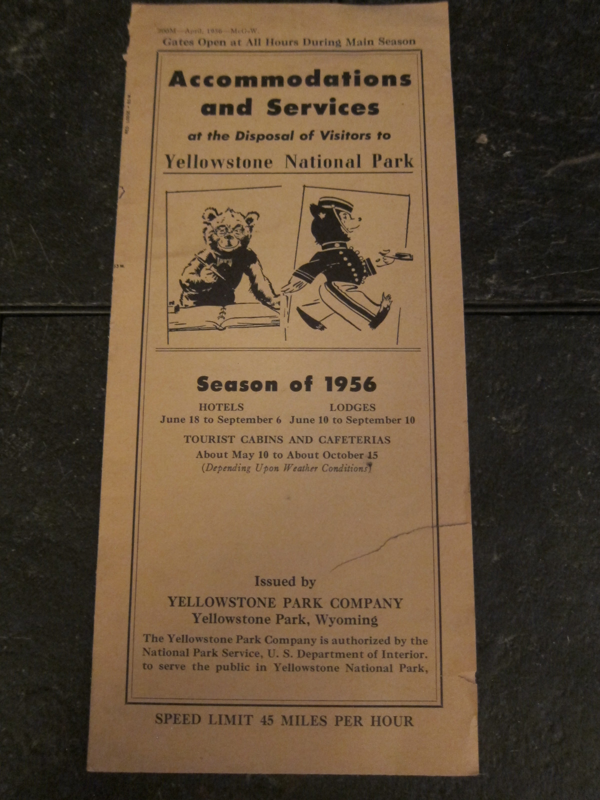 1956 Vintage Brochure Yellowstone National Park Accommodations and Services