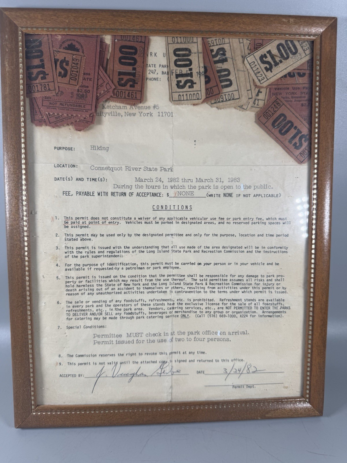 1982 Connetquot River State Park Permit Framed Display Gil Bergen History