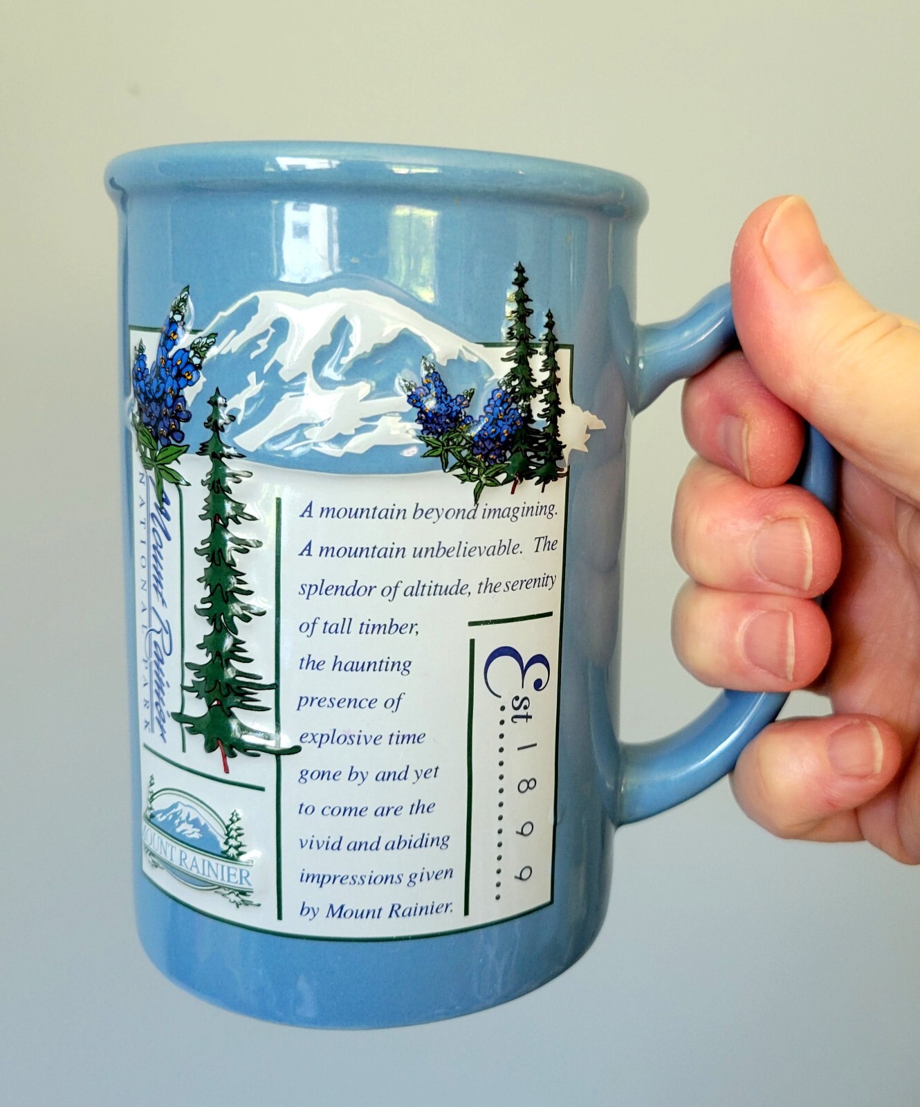 Mount Rainier National Park 14oz Souvenir Poem Coffee Mug Cup Blue Vtg 1990s