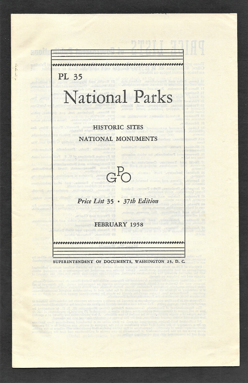 1958 List of National Park for Publications Available for Sale from Government