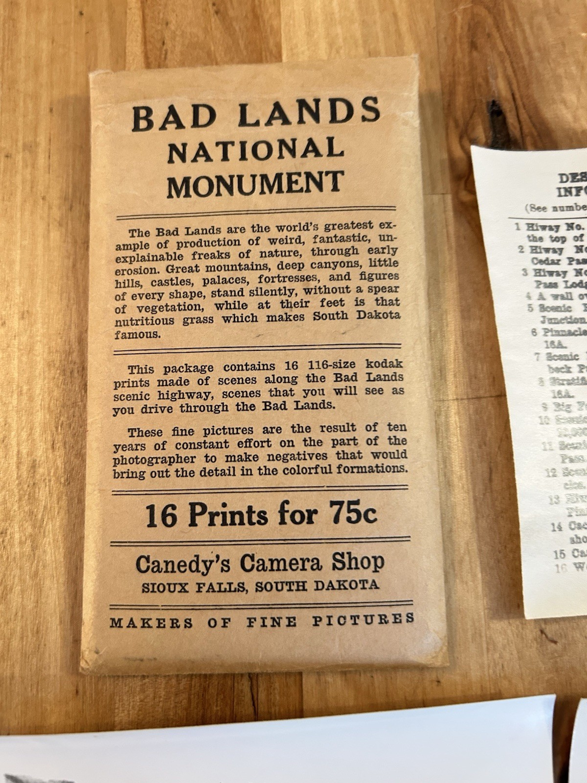 VTG 30s BAD LANDS National Monument Canedy’s Camera Shop 16 Photo Print Envelope