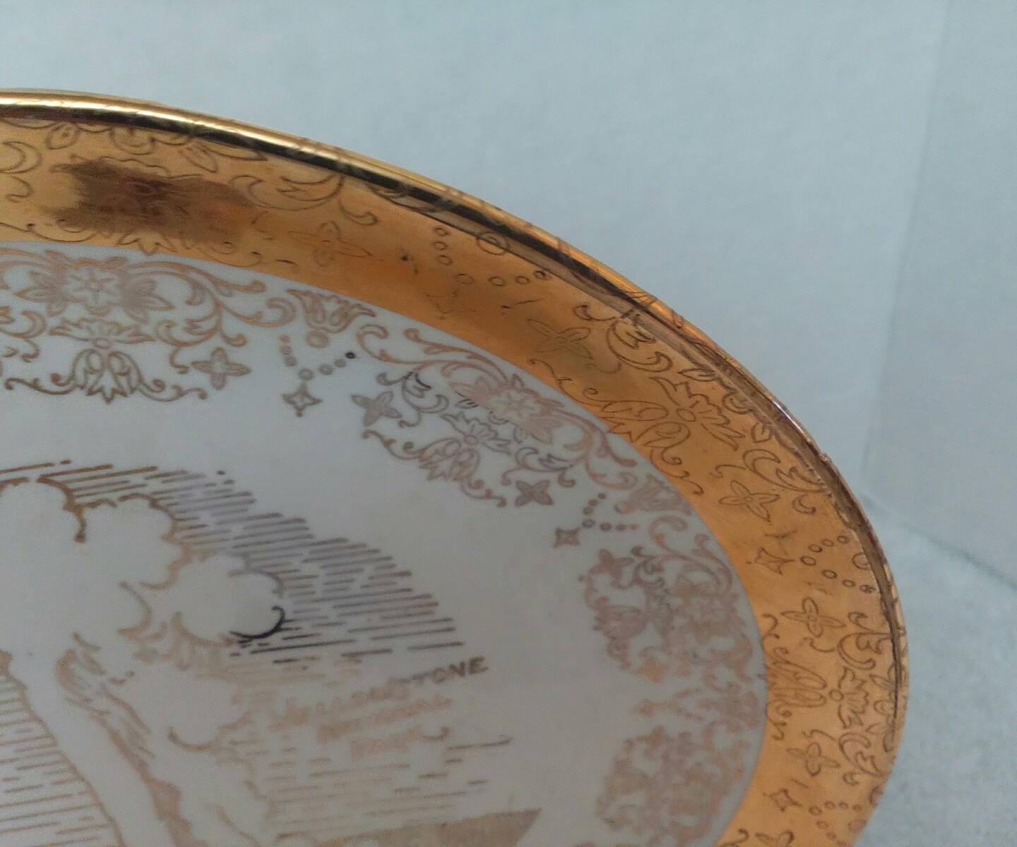 Old Faithful Geyser Yellowstone National Souvenir Plate Gold and White
