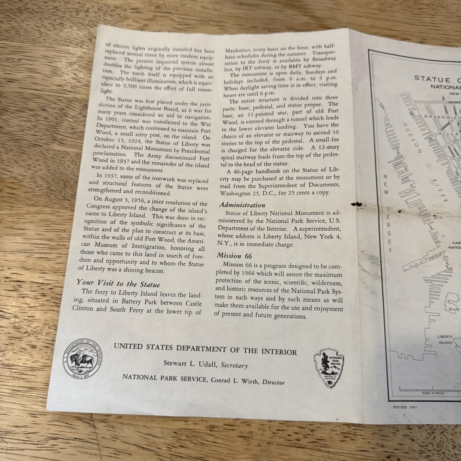 Vintage 1961 Statue of Liberty Pamphlet Brochure with Map National Monument