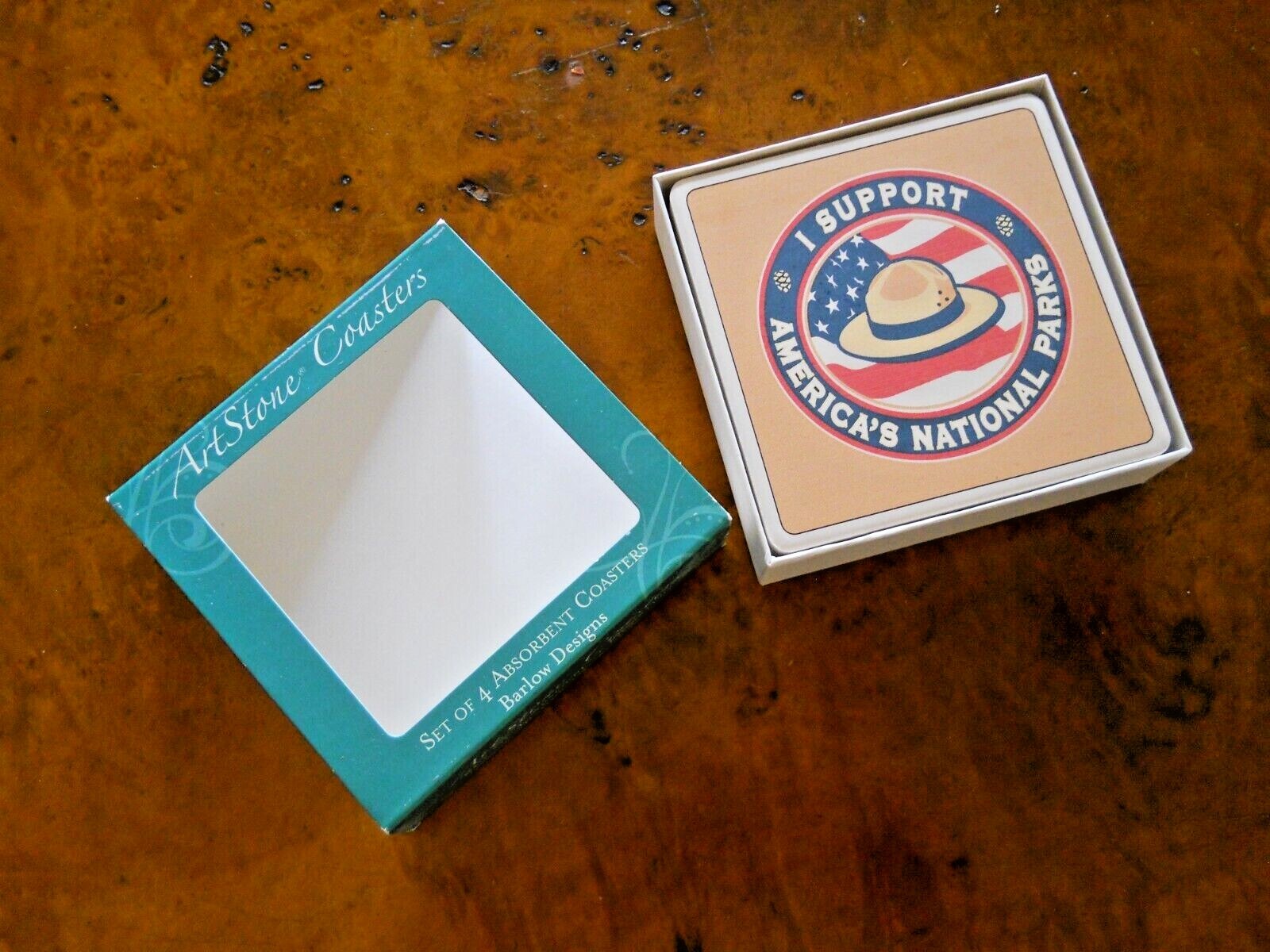 I SUPPORT AMERICA’S NATIONAL PARKS ART-STONE DRINK COASTER SET OF 4 (NEW IN BOX)