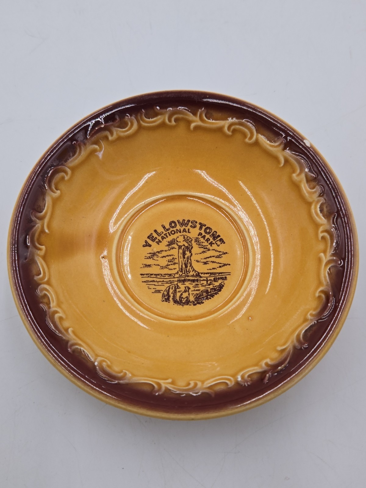 Yellowstone National Park Souvenir Bowl Ceramic Brown Tan Trinket Dish 5″