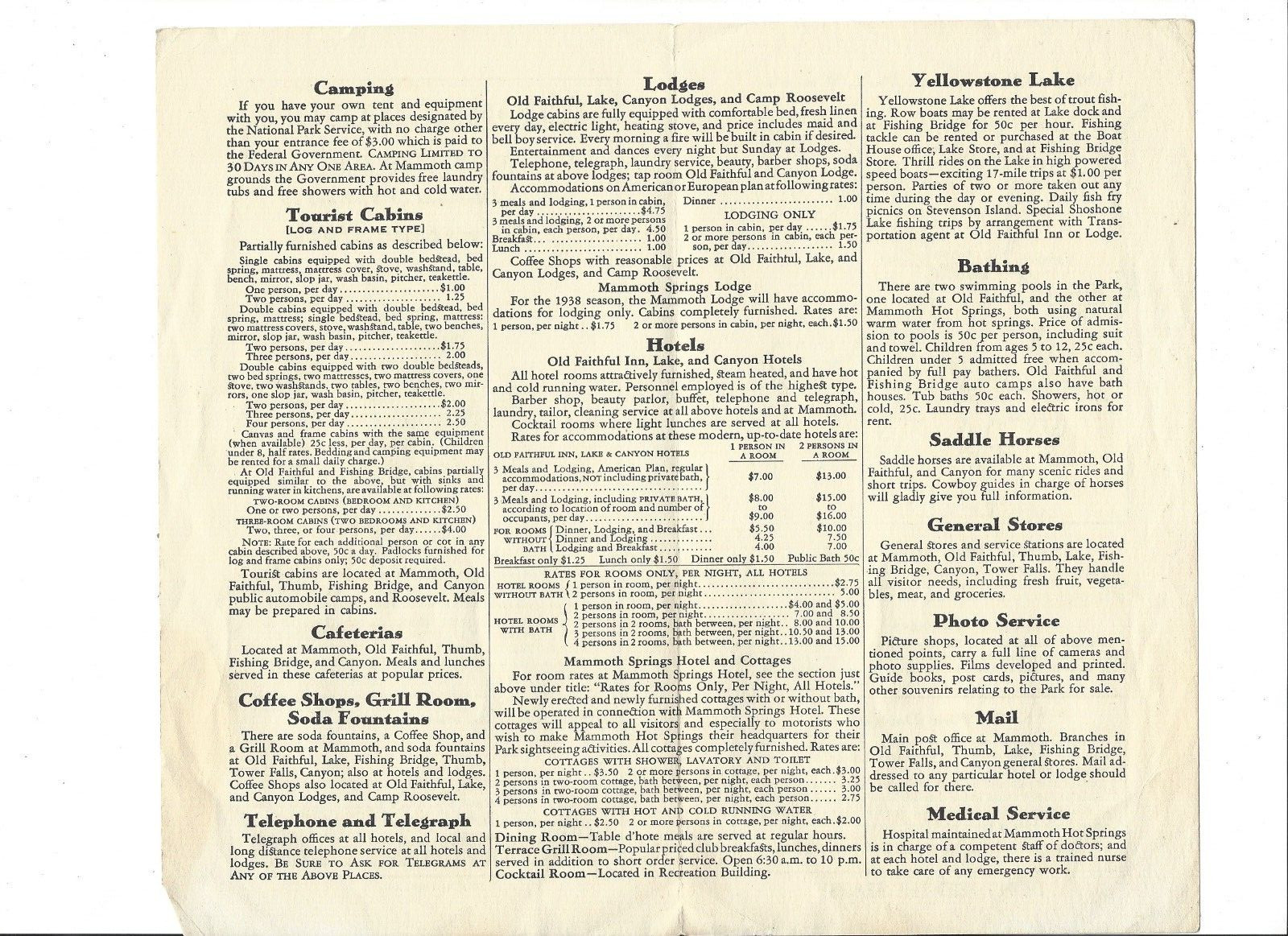 Vintage 1938 Yellowstone Park Accommodations Services Brochure Pamphlet