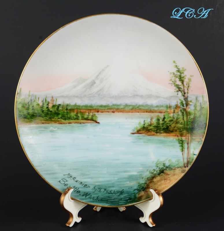 LARGE antique SEATTLE WASHINGTON beautiful ad. plate w/COLORFUL pic Mt RAINIER