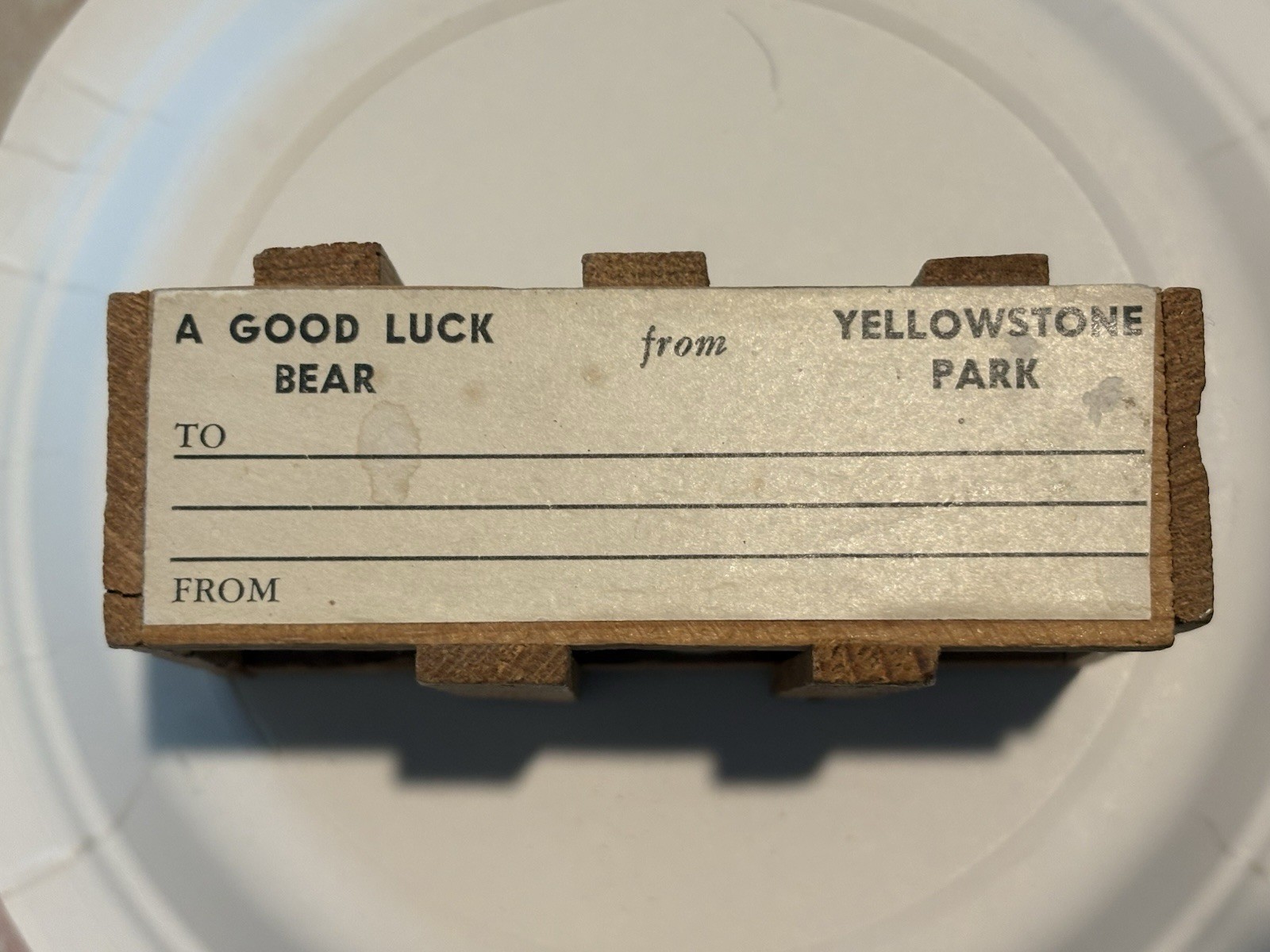 Vtg Good Luck Bear In Crate Souvenir From Yellowstone Park With Mailing Label