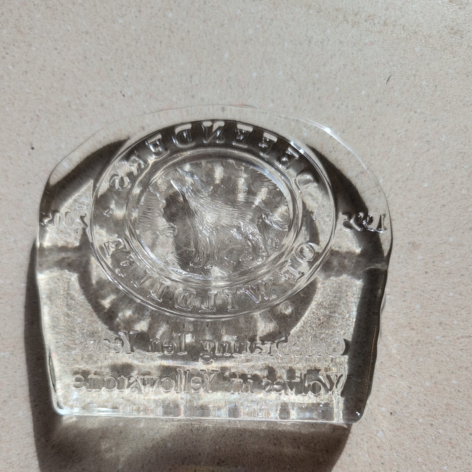 2005 Defenders of Wildlife 10 Years of Wolves in Yellowstone Glass Paperweight