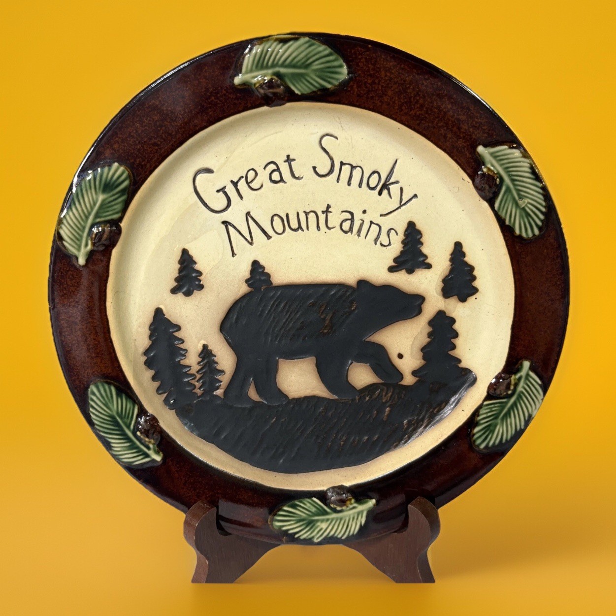 VTG Rustic Great Smoky Mountains Souvenir Plate Trinket Tray Bears Pine Trees 8”