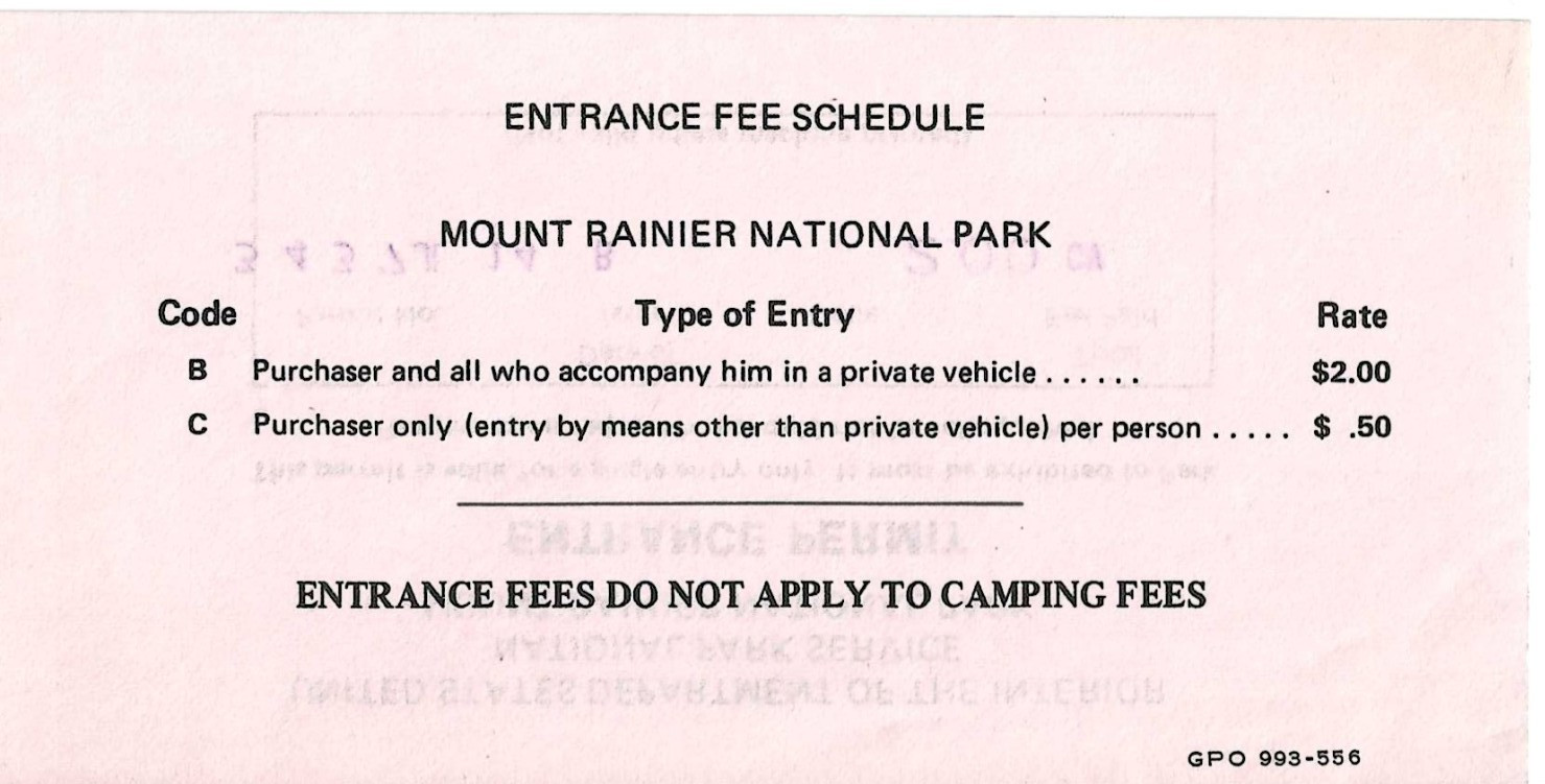 1978 Mount Ranier Entrance Permit National Park US Department of the Interior