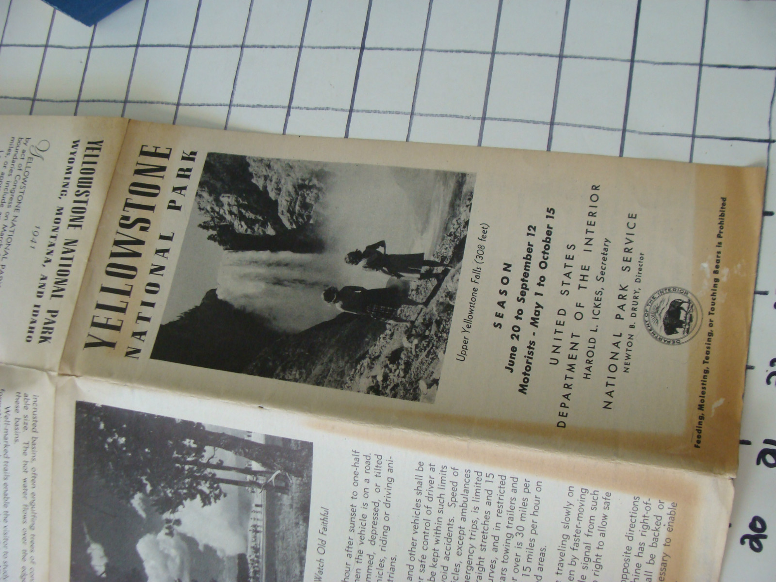 Original NATIONAL PARK: 1941 YELLOWSTONE NATIONAL PARK brochure Map small tear