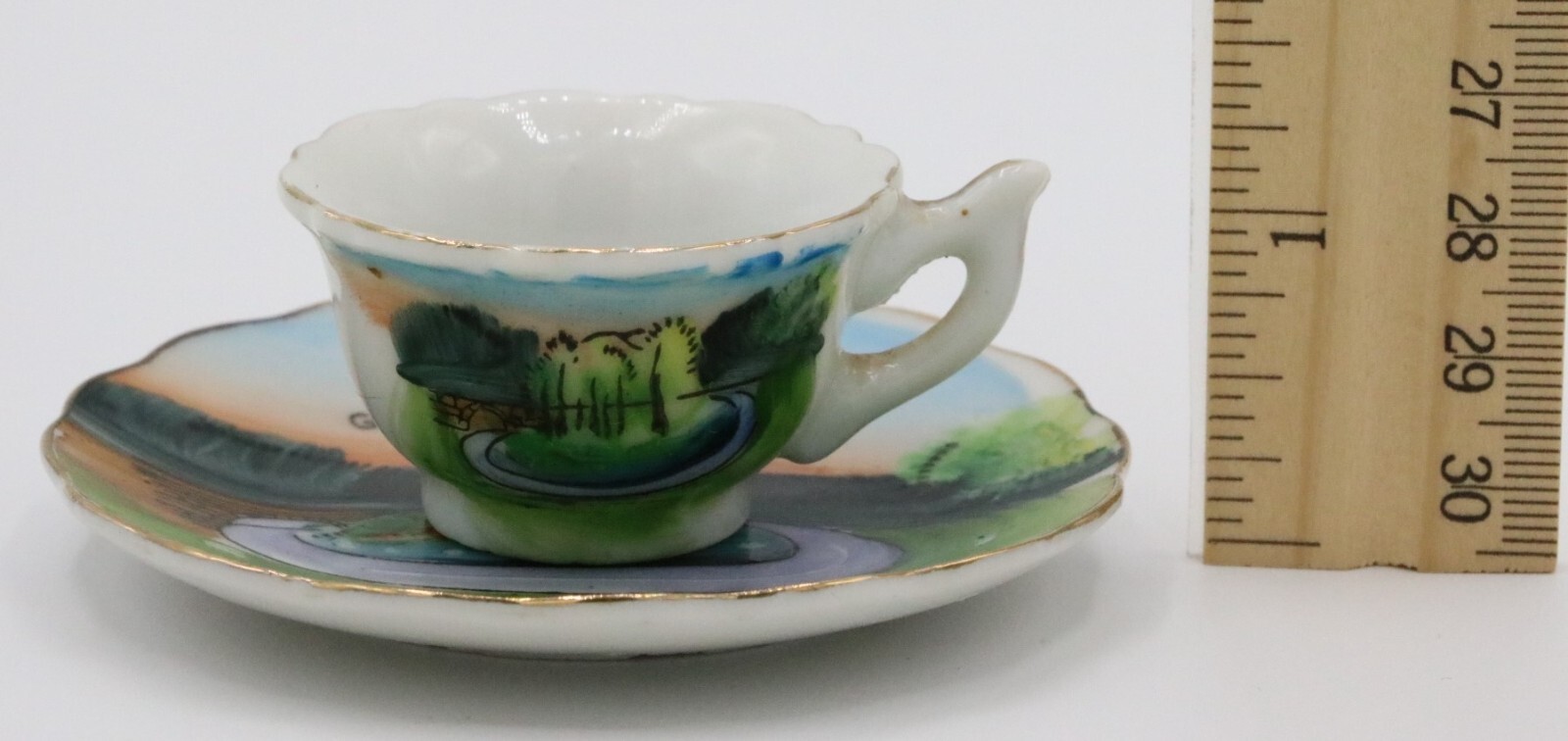 Nico Japan Miniature Great Smoky Mountains Cup Saucer Vtg Hand painted Souvenir