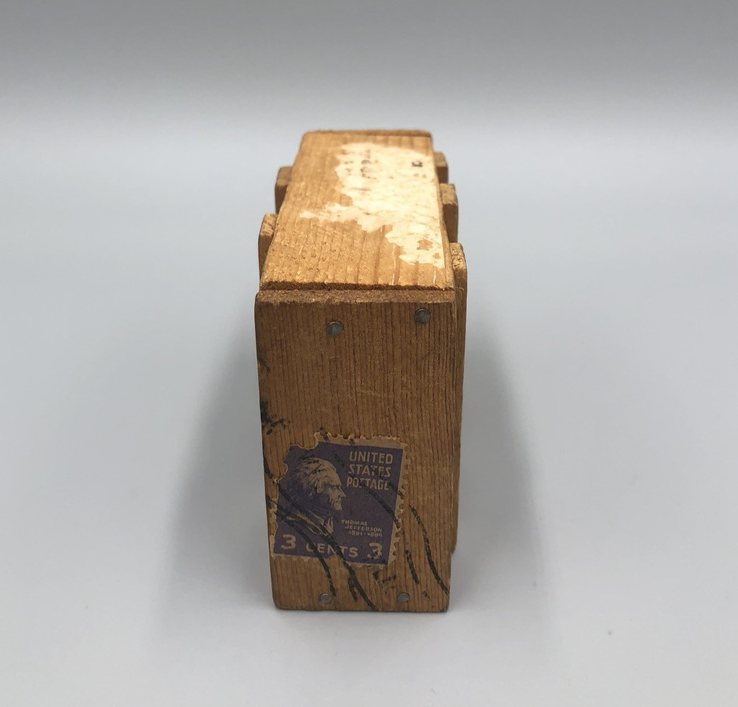 Good Luck Bear in Wood Crate Souvenir Yellowstone Park w/ Thomas Jefferson Stamp