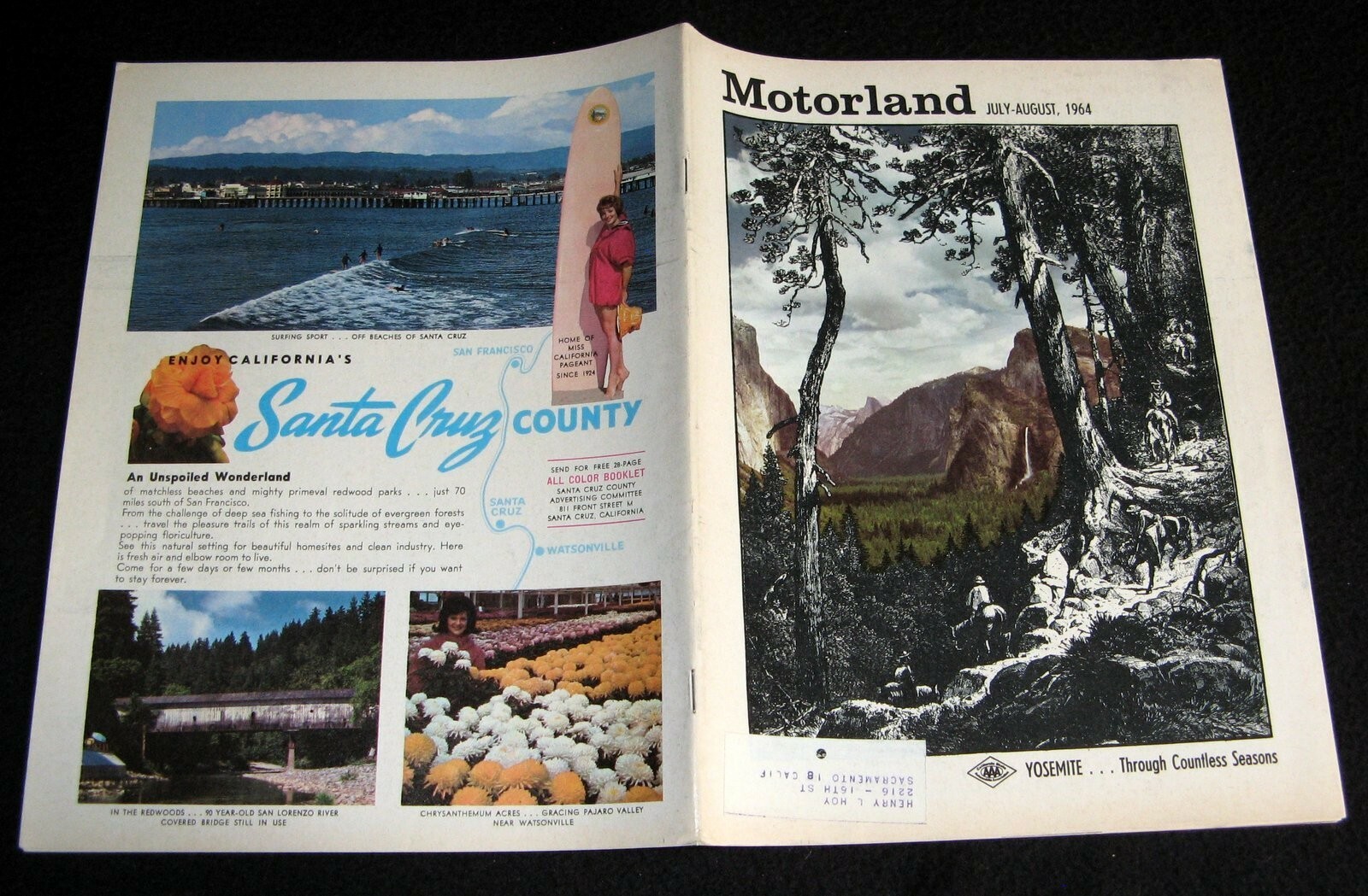 YOSEMITE 1964 PICTORIAL & COVER MOTORLAND MAGAZINE AAA + SURF SANTA CRUZ COUNTY