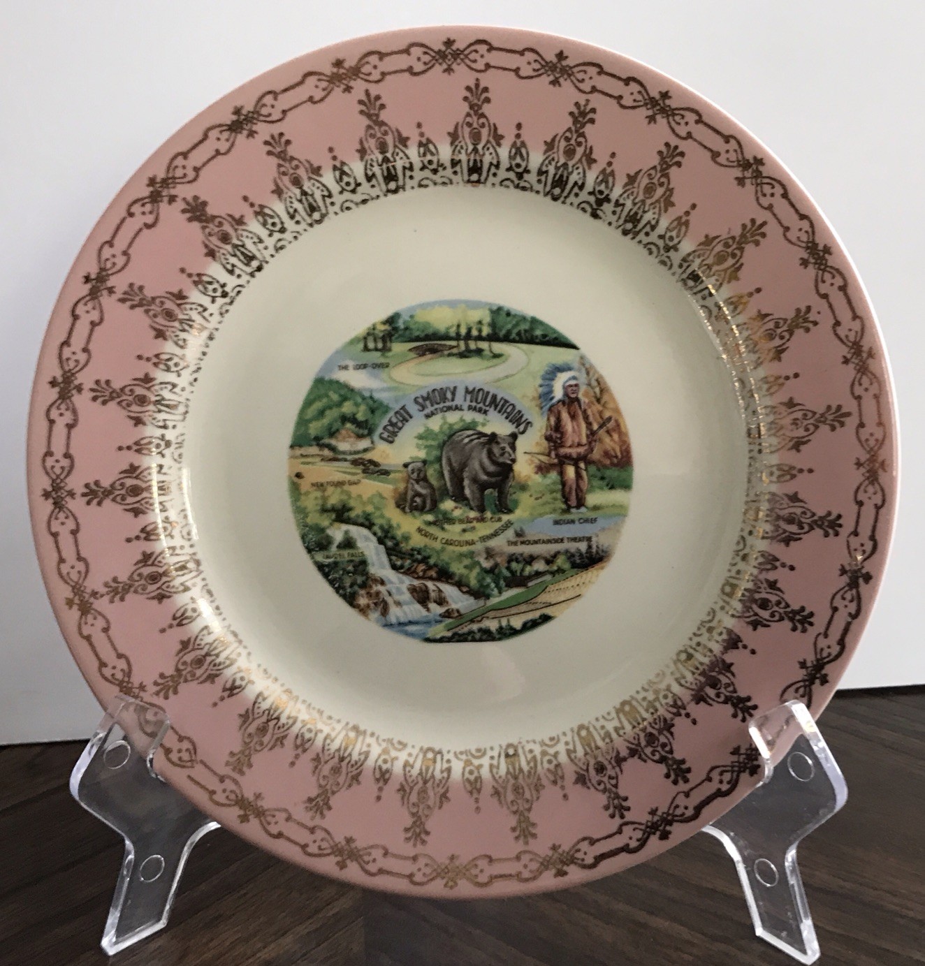 Travel Memorabilia Great Smokey Mts National Park NC Plate Pink/Gold Trim 7 1/2”