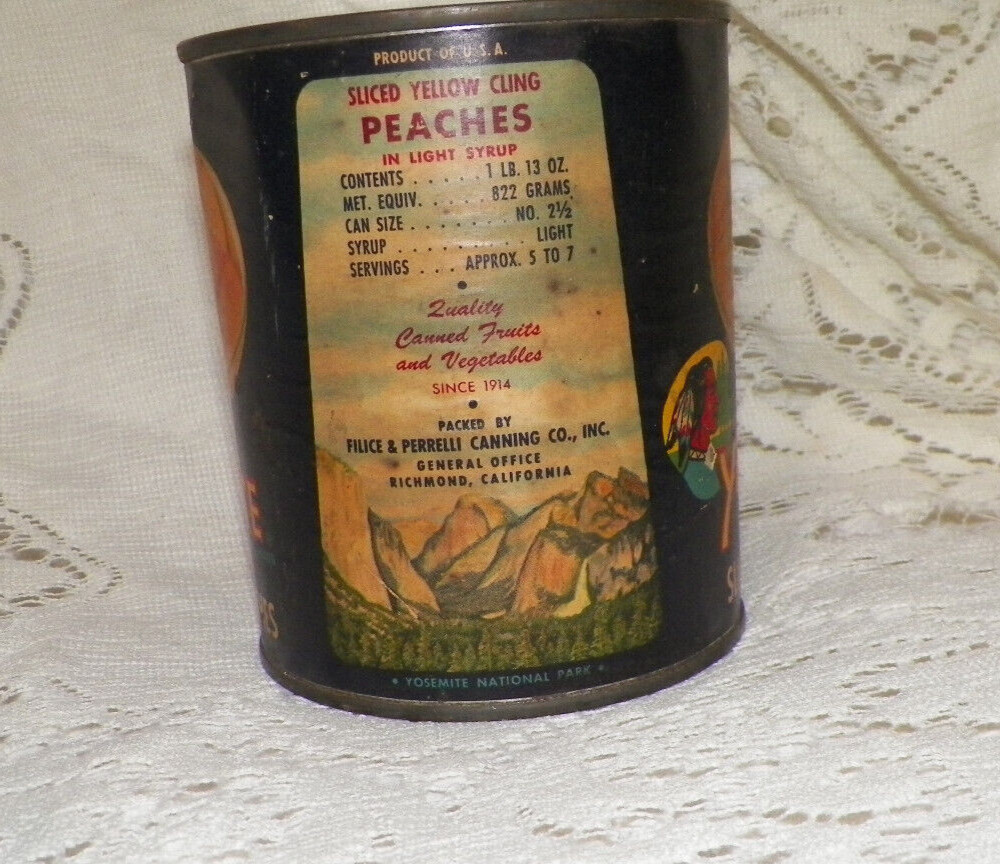 RARE ANTIQUE 1914 YOSEMITE NATIONAL PARKT IN PEACH CAN COLORFUL LABEL GREAT CON