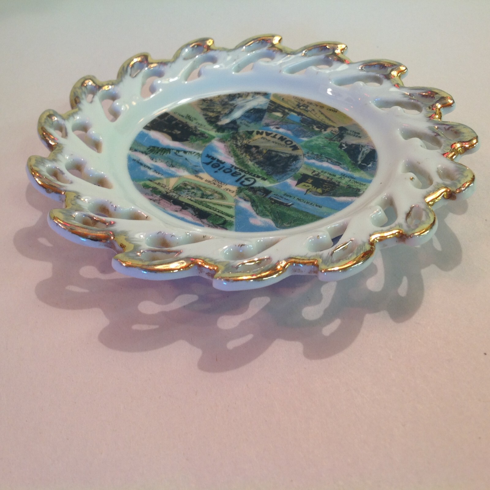 Vtg Souvenir Porcelain Tray Glacier Mountain National Park Scenes Lakes Hotels