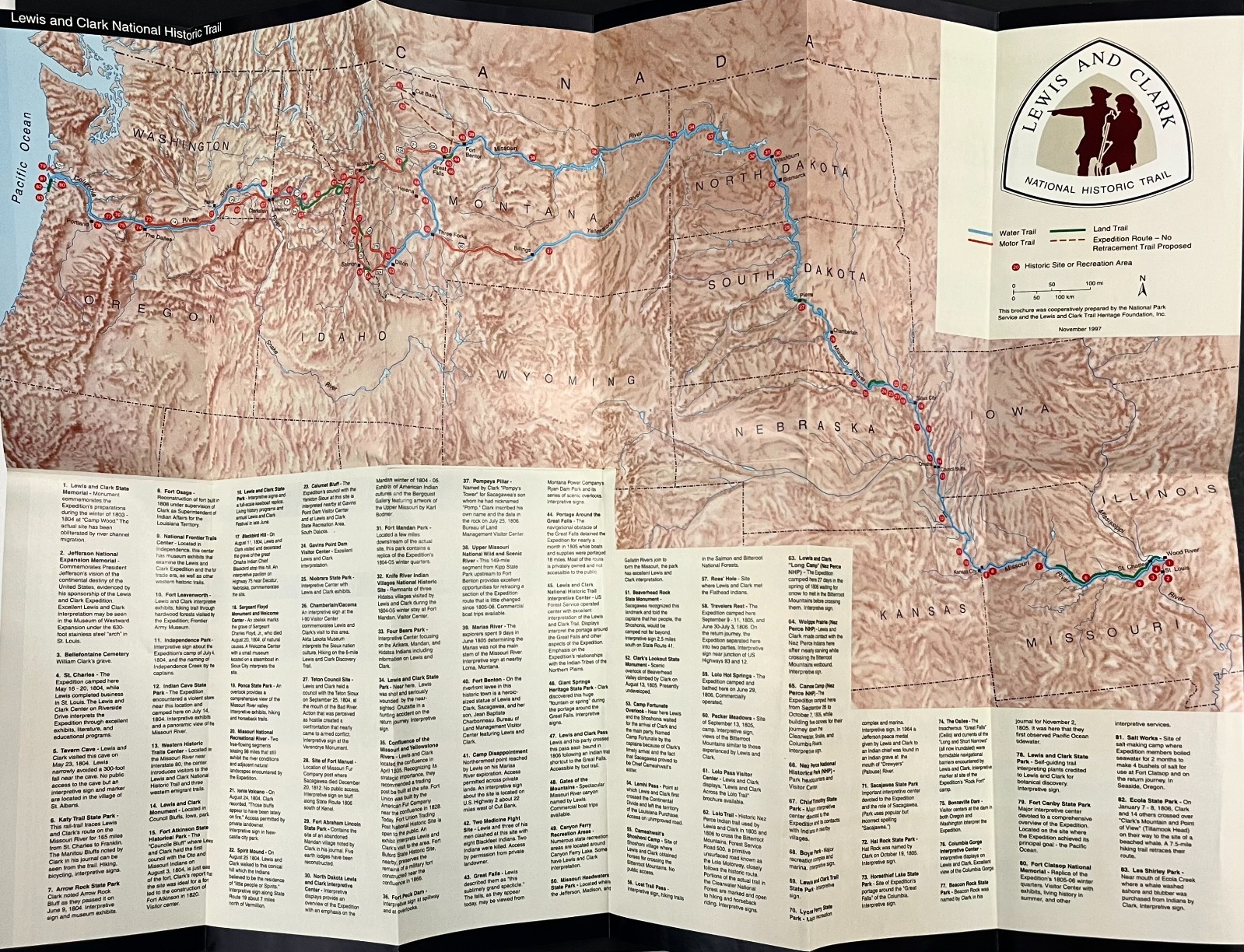 1997 Lewis & Clark Trail MO OR SD National Park Service VTG Map Travel Brochure