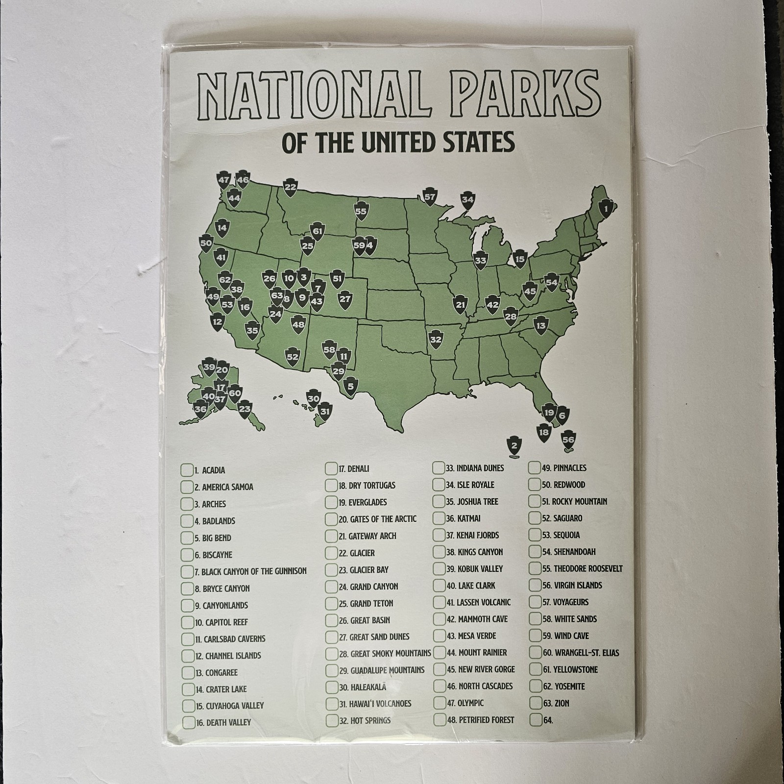 National Parks Of The United States Cardboard Poster Checklist