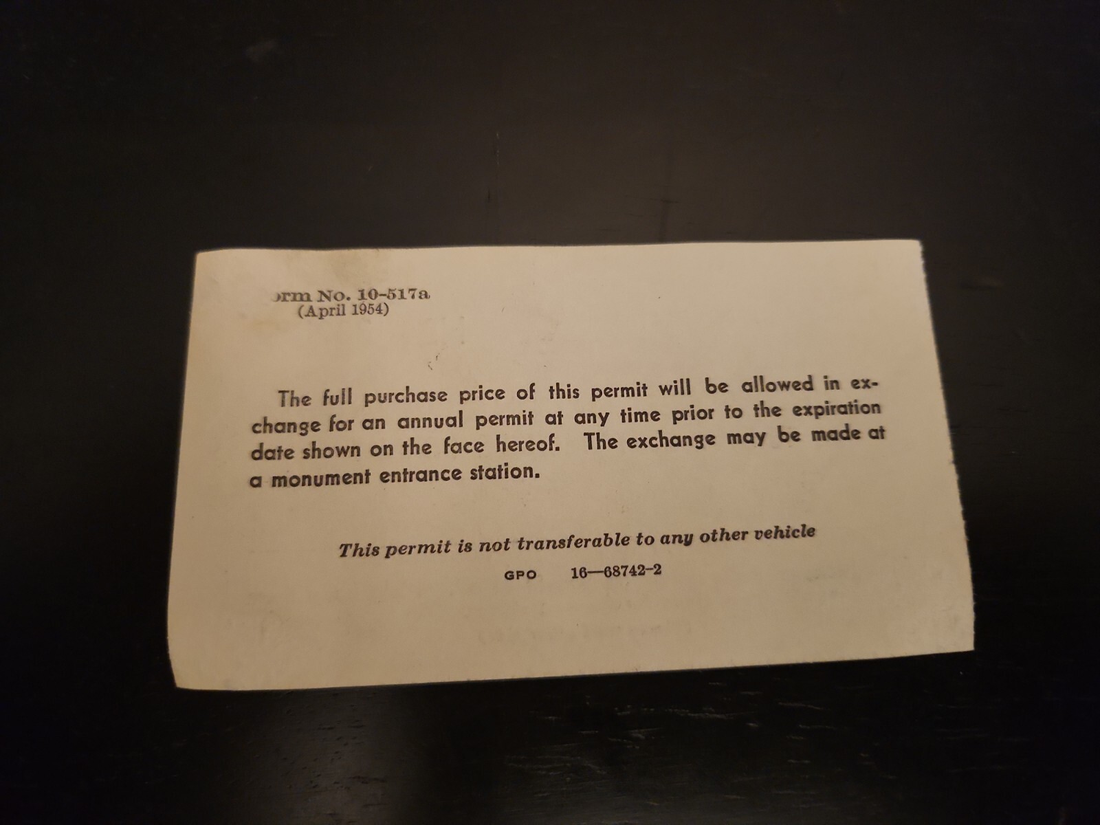 1956 PETRIFIED FOREST NATIONAL PARK Automobile Permit Ephemera