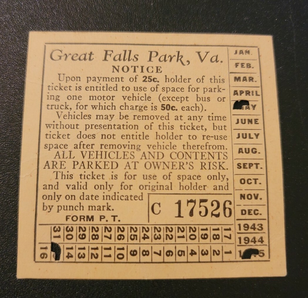 1945 Great Falls Park Virginia Vehicle Parking Ticket National Park Service 25c