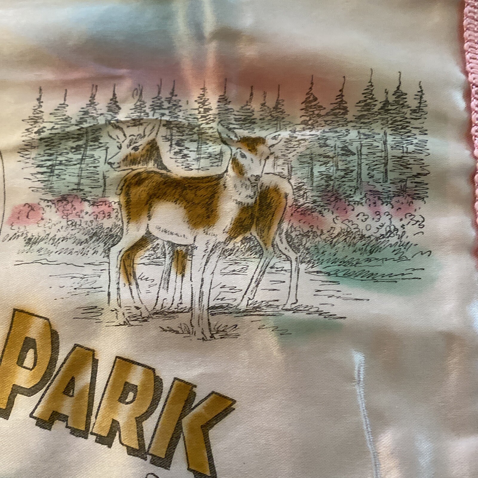Vintage Yellowstone Park Souvenir Pillow Cover Pink Satin Sham w/ Fringe + Poem