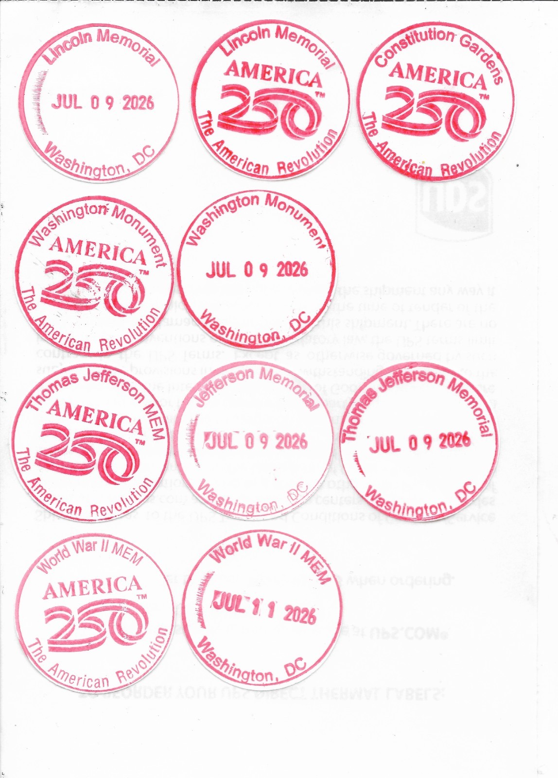 Washington DC Memorials America 250 NATIONAL PARK SERVICE PASSPORT STAMP Lot