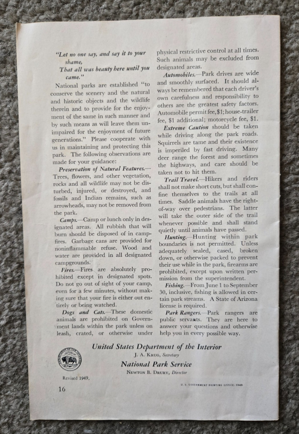 Vintage 1949 NPS Grand Canyon National Park brochure / pamphlet
