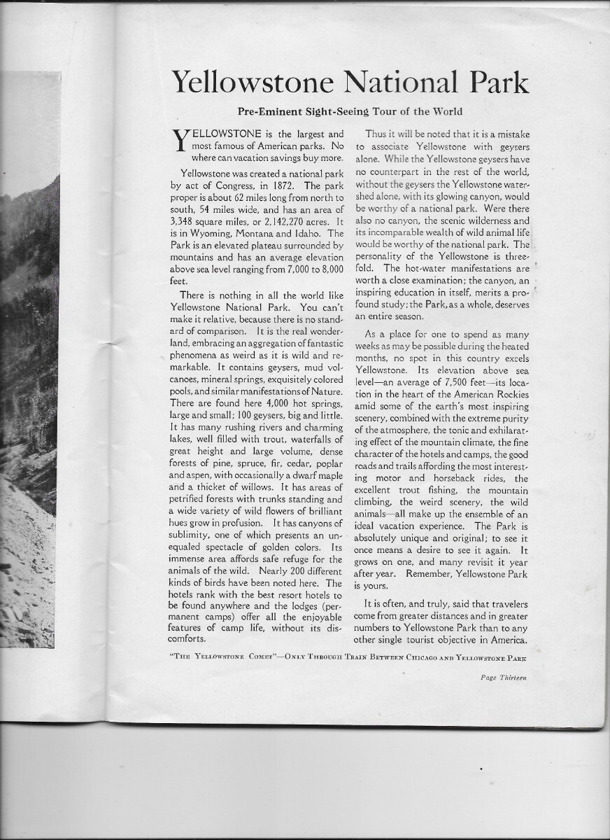 1928: N.Pacific Railway, MAGIC YELLOWSTONE, 1st.Ed.,64p., 70+ Photos & Maps.