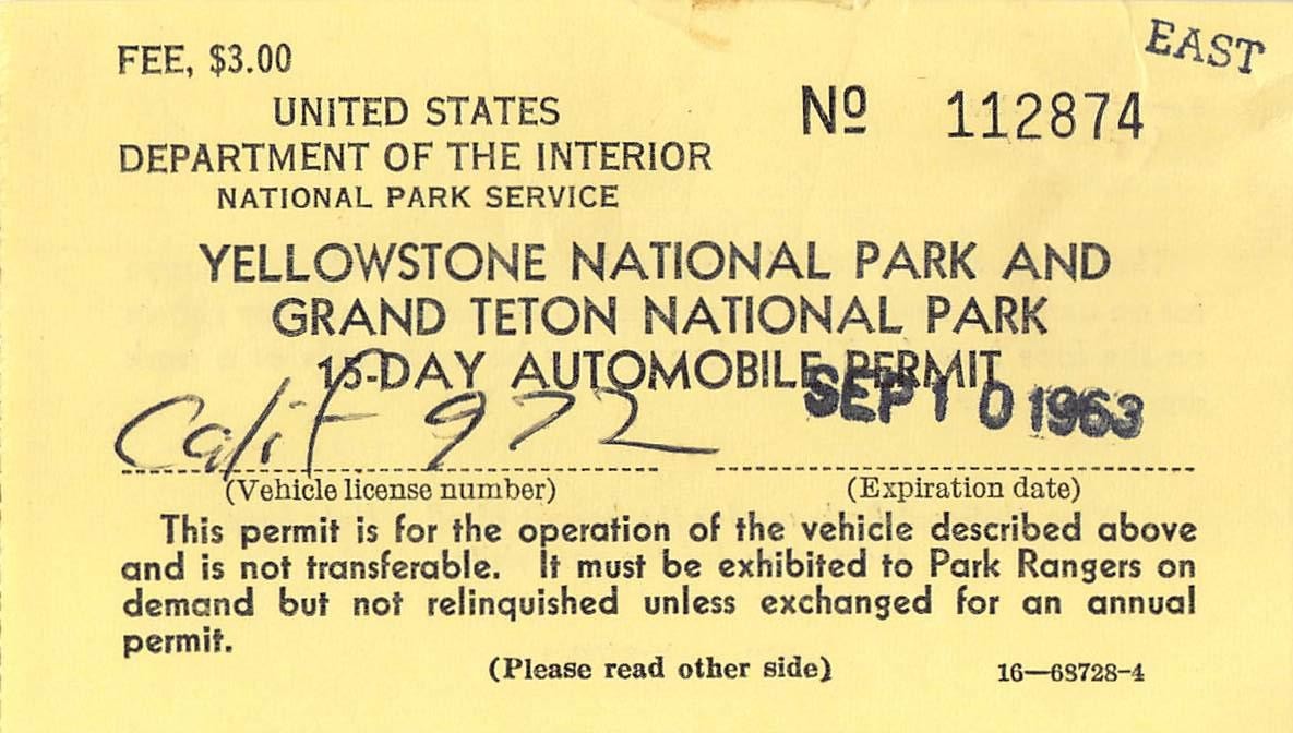 1963 Yellowstone National Park 15 Day Automobile Permit 1960s Grand Teton