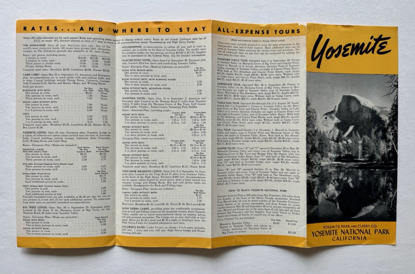 Yosemite 1930-40 Winter Brochure Pamphlet w/room rates tours photos map Yosemite