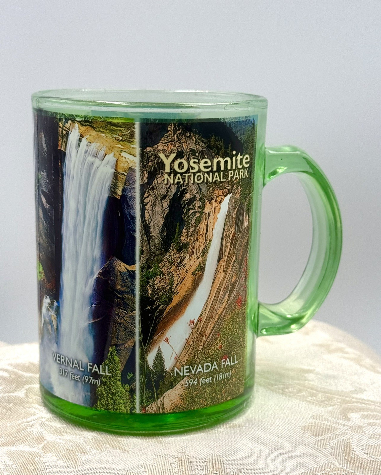 VTG Yosemite National Park & The Four Falls Park Green Glass Coffee Cup Mug