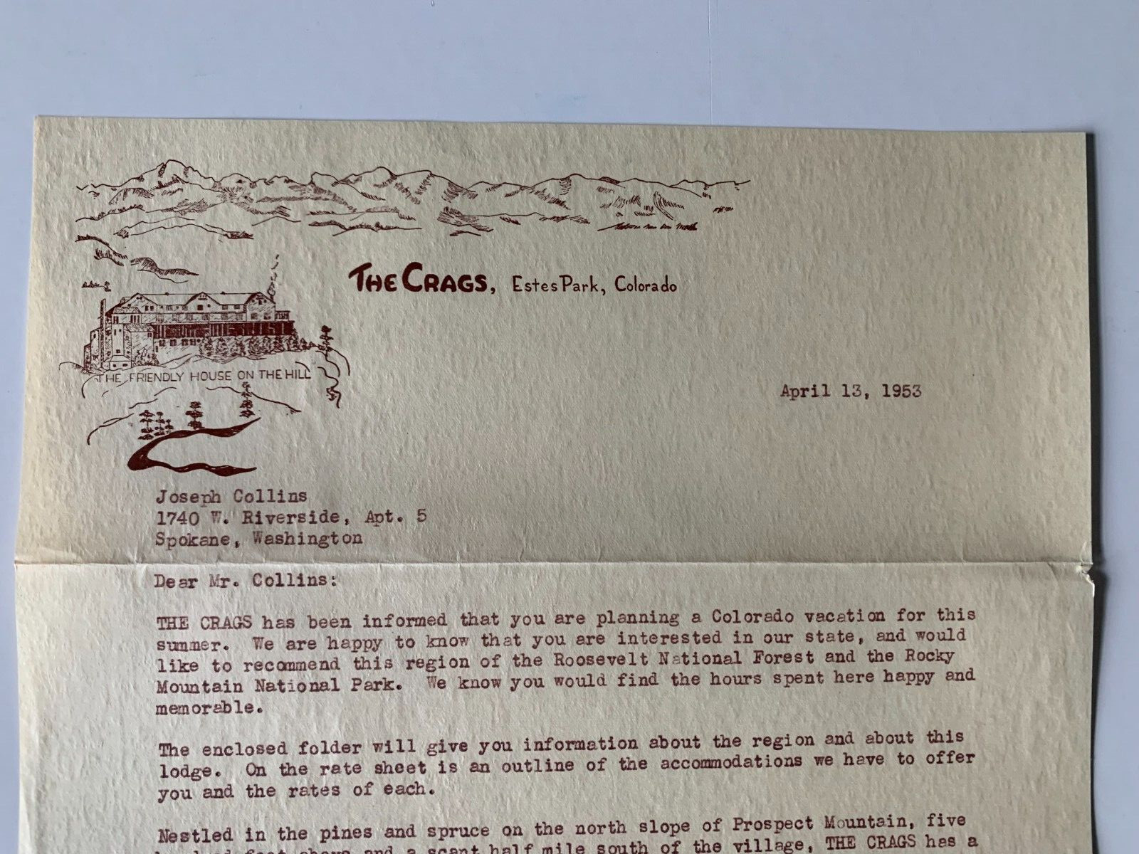 Vintage 1953 Estes Park Colorado Crags Hotel Brochure Letterhead & Rate Card