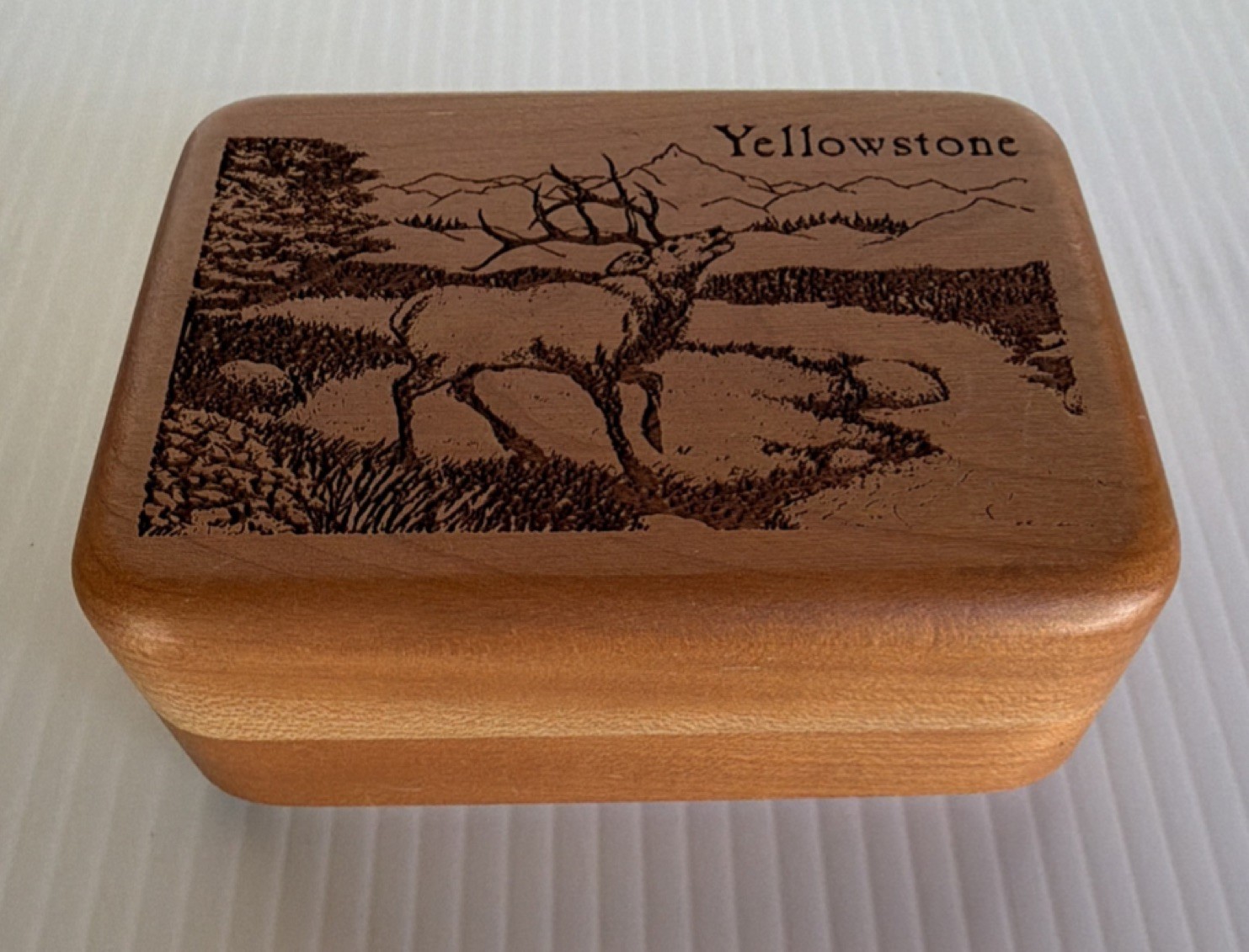 Hand carved Yellowstone Wooden Keepsake Box Elk Scene National Parks 4x3x2″