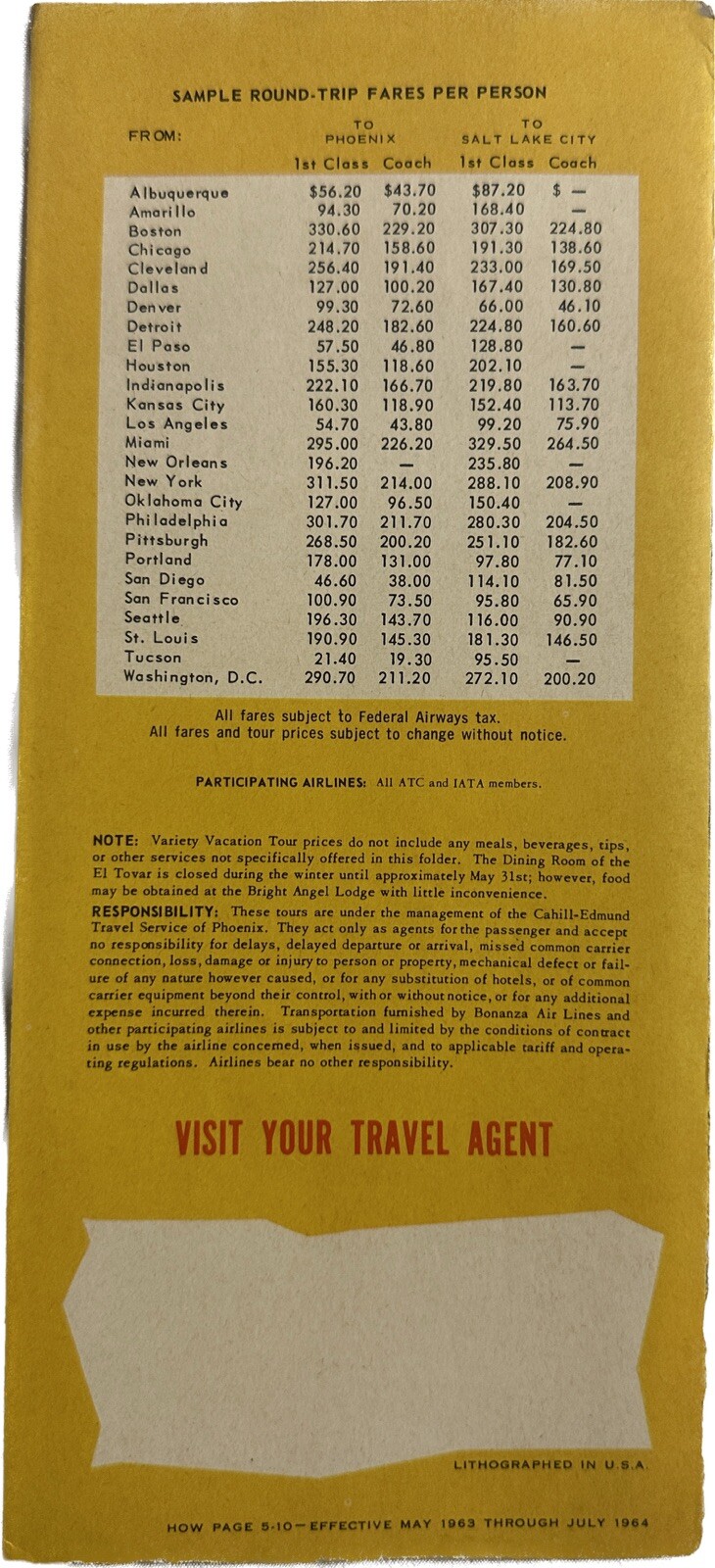 1963 Grand Canyon National Souvenir Travel Brochure American & Bonanza Airlines