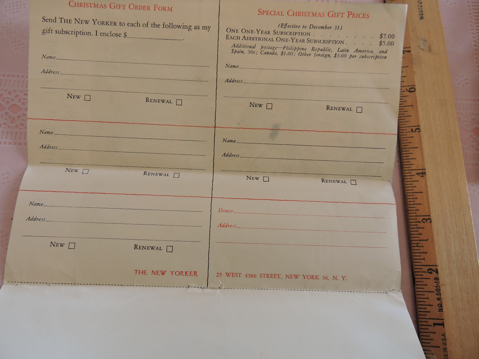 Rare 1930s – ’50s THE NEW YORKER Magazine NYC New York City Signed subscrip Form