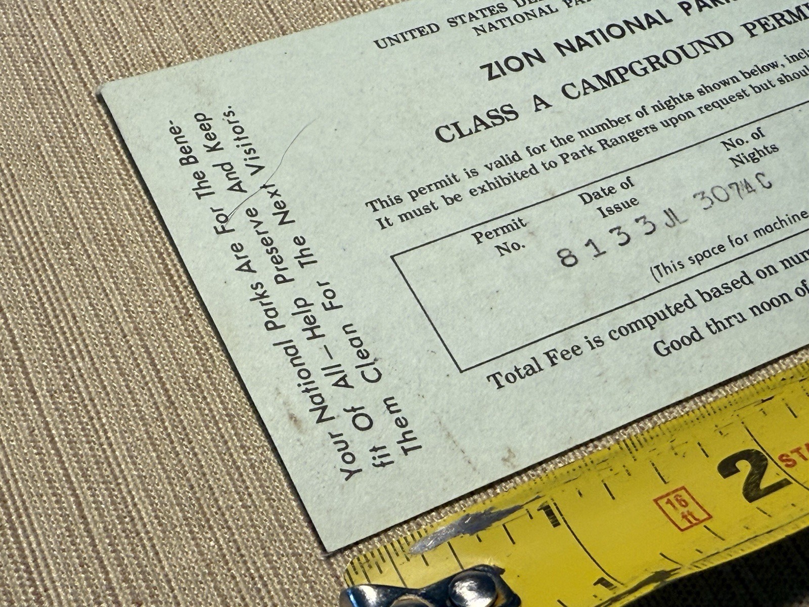 1974 Zion National Park Camping Permit Ticket Stub
