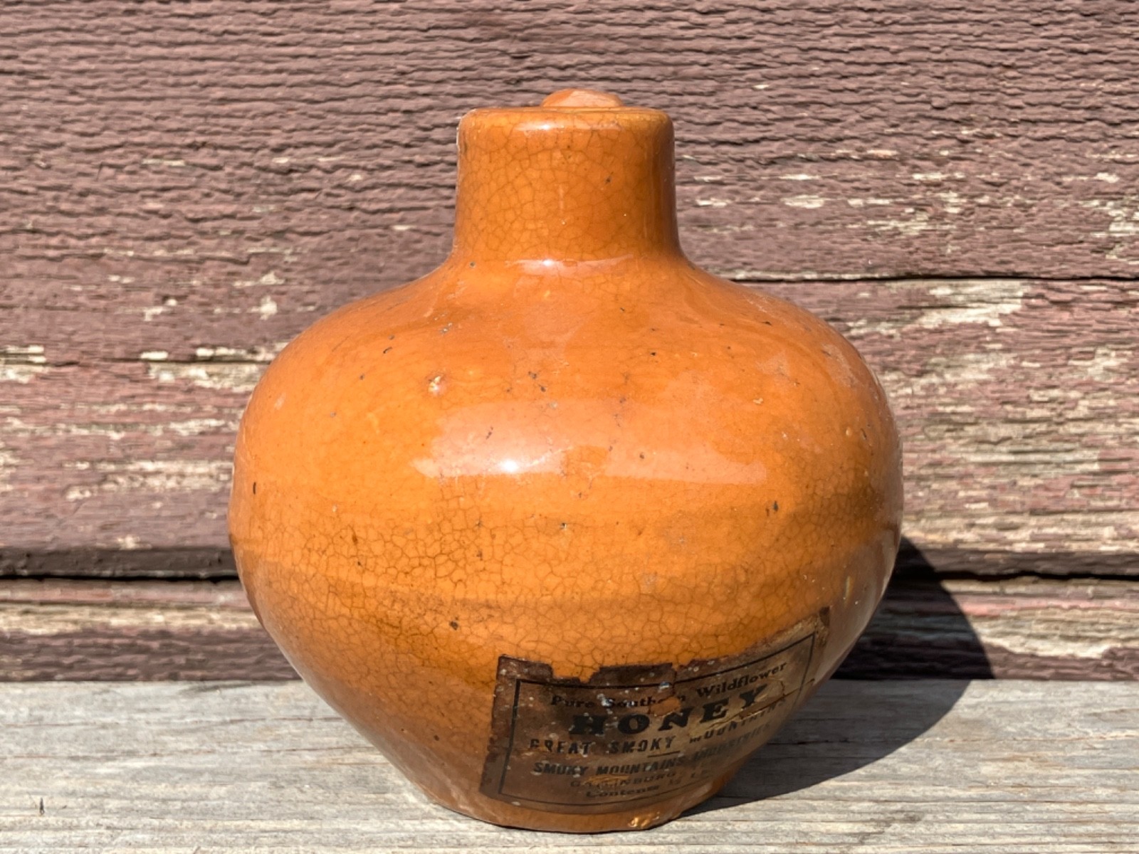 VTG GREAT SMOKY MOUNTAINS POTTERY LT BROWN HONEY STONEWARE JUG LABEL GATLINBURG