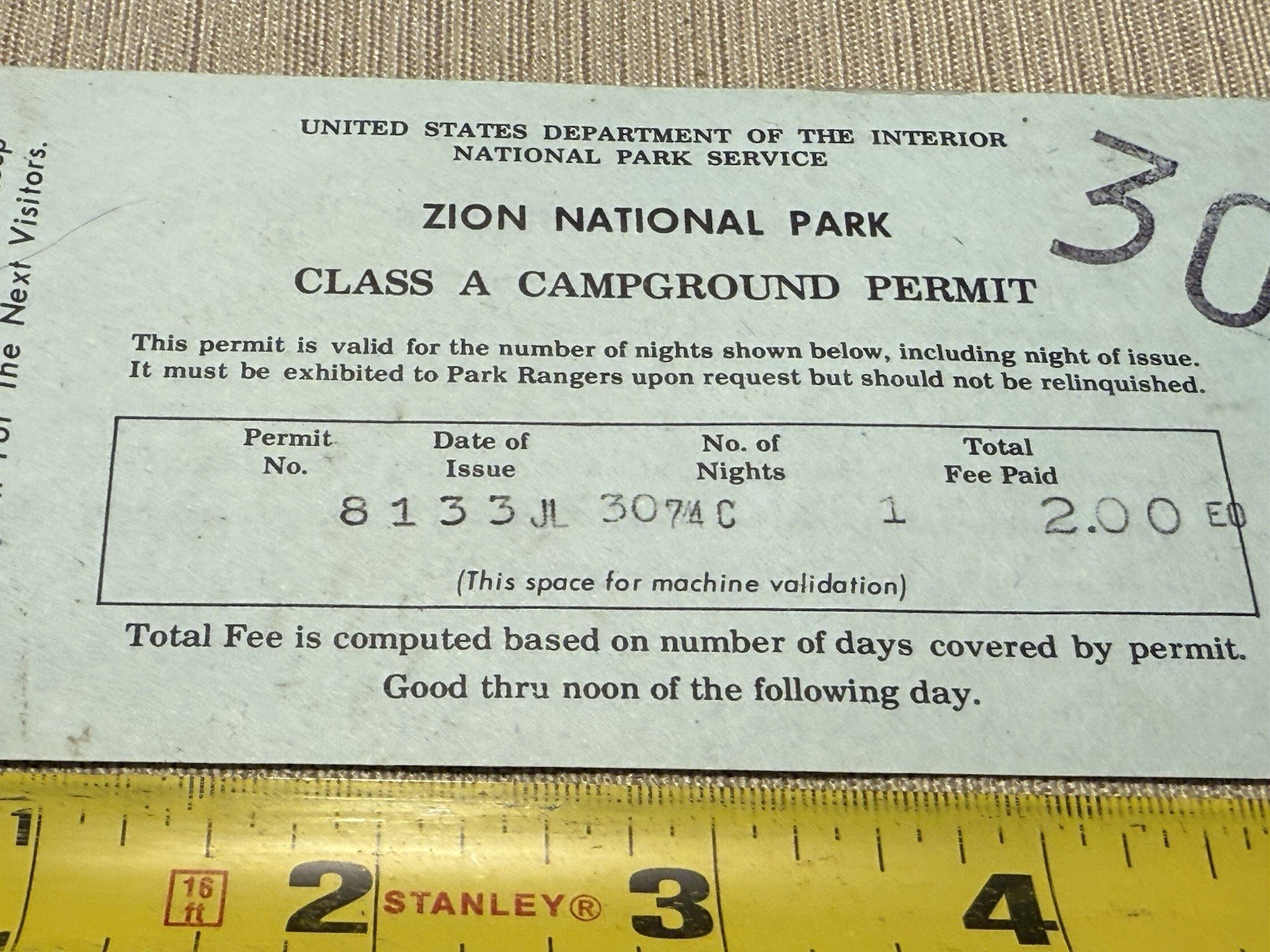 1974 Zion National Park Camping Permit Ticket Stub