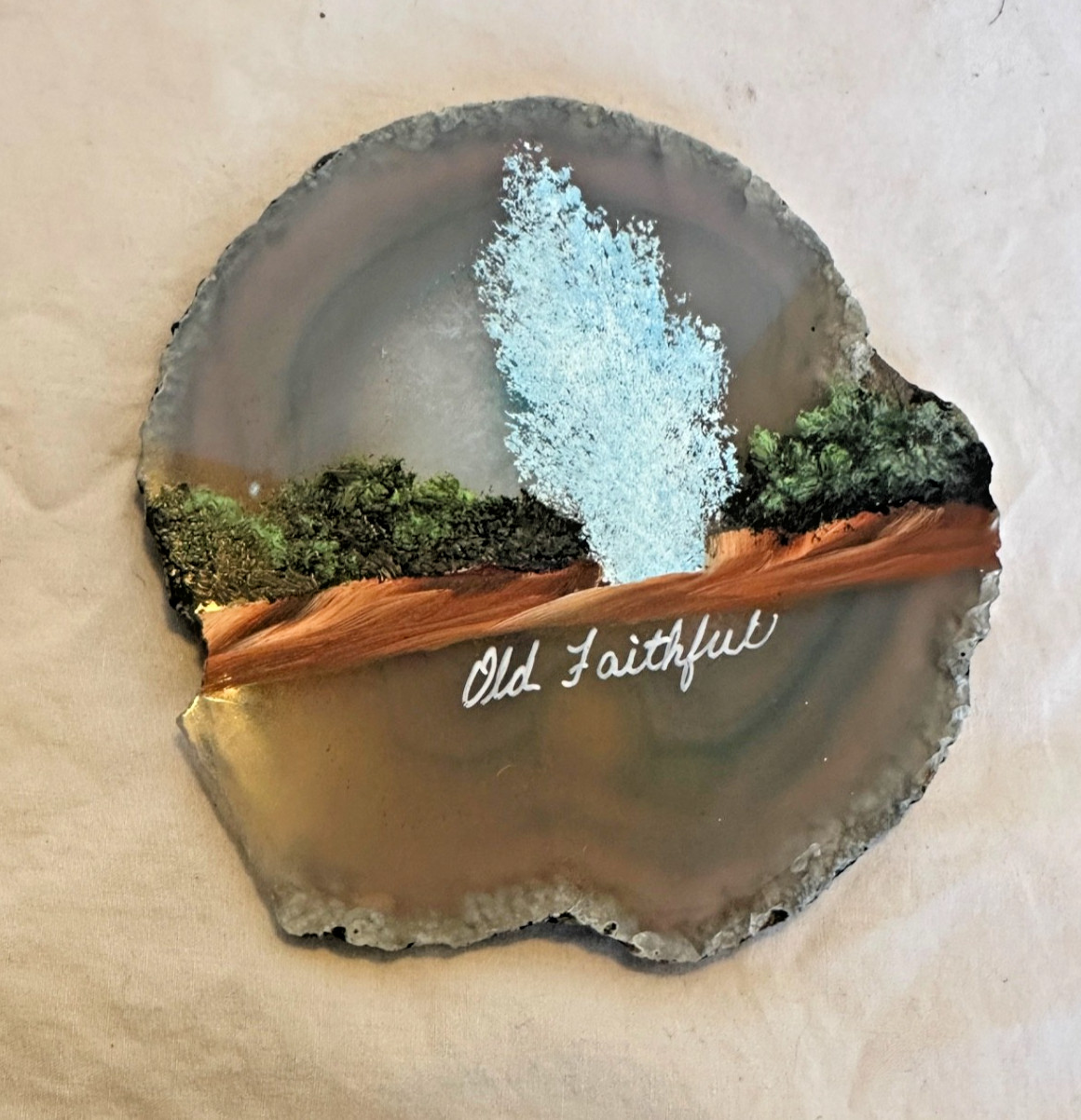 Vintage Old Faithful Yellowstone Painted Agate Slice Souvenir Stone Decor
