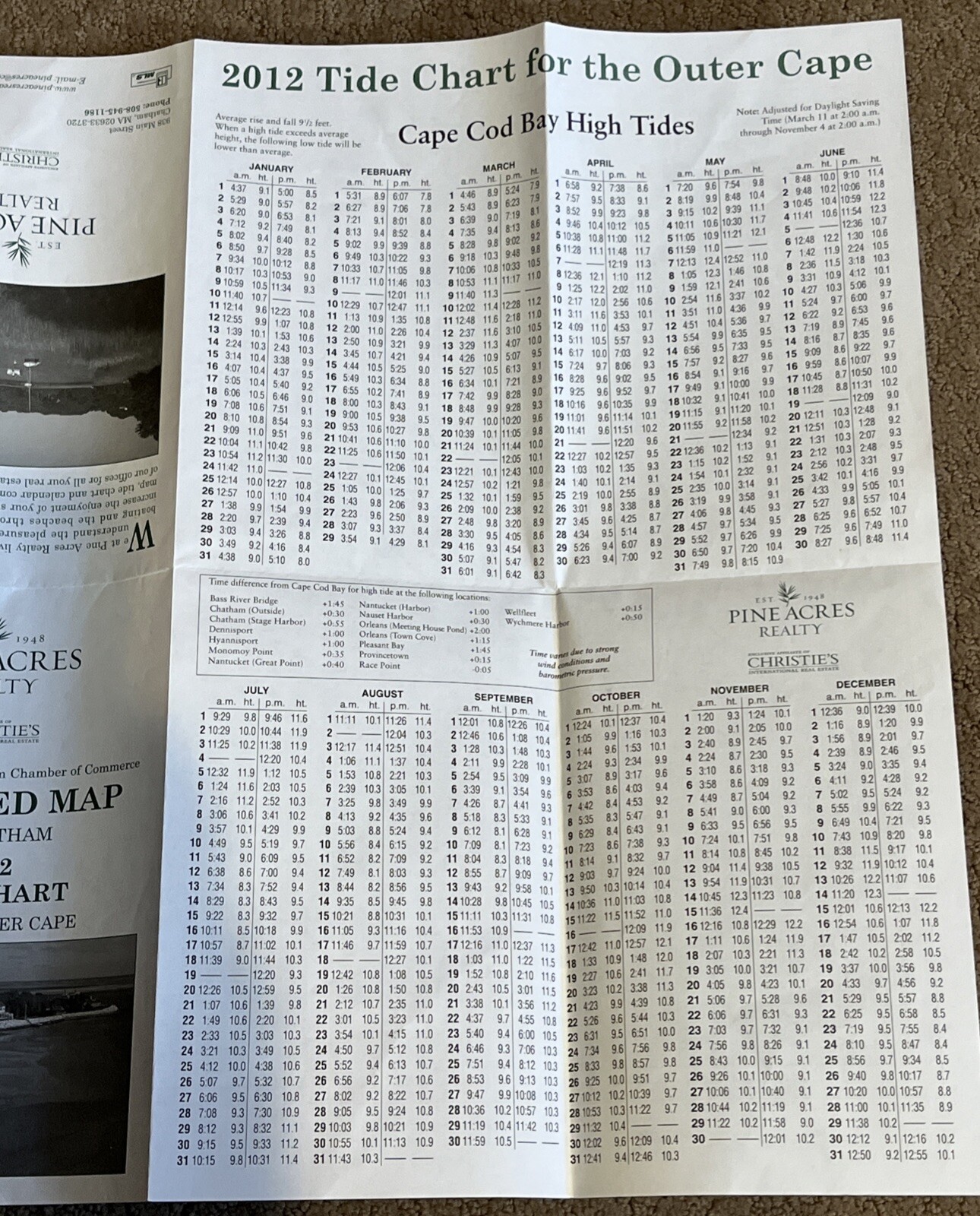 CHATHAM CAPE COD MASSACHUSETTS DETAILED MAP & 2012 TIDE CHART OF THE OUTER CAPE