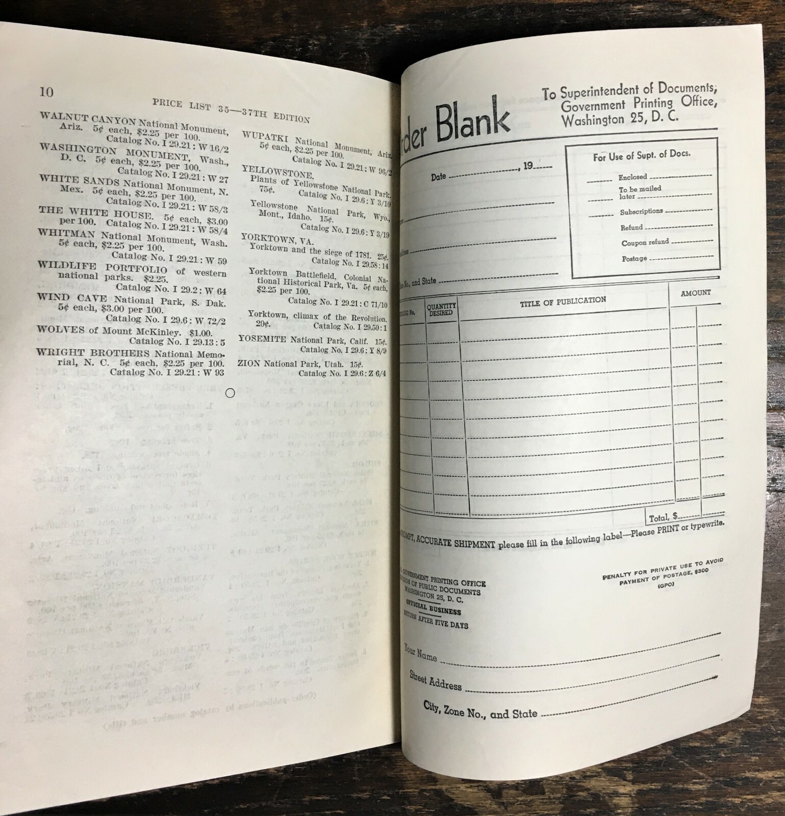1958 List of National Park for Publications Available for Sale from Government