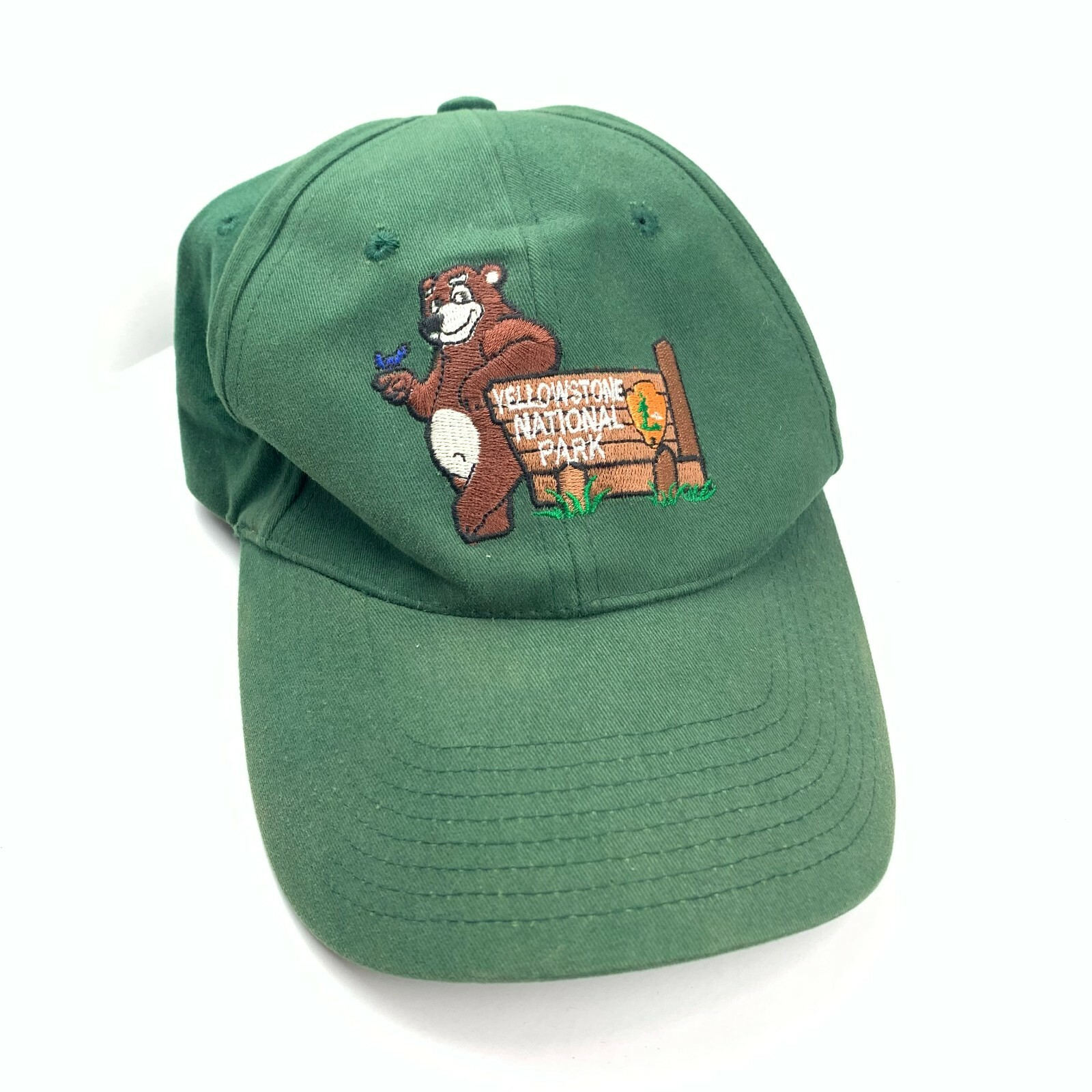 VINTAGE Yellowstone National Park Bear Baseball Hat Cap Green Strapback Leather