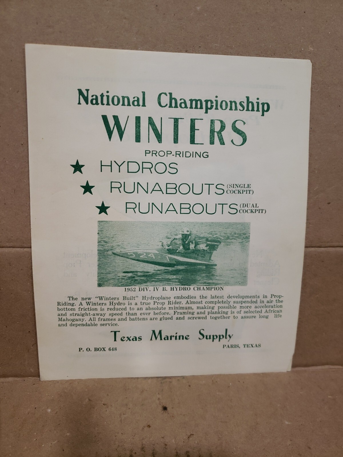 1952 National Championship Winters Prop-Riding Brochure,Paris,Texas,Midget Hydro