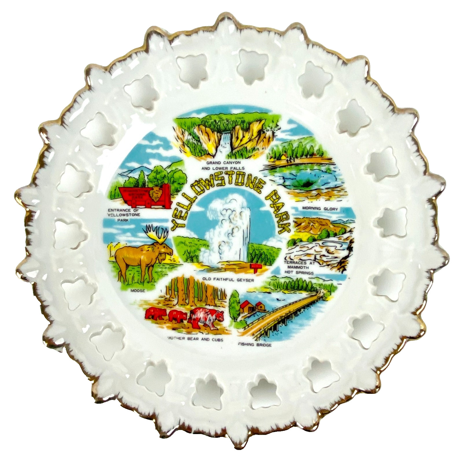 Vintage Yellowstone Park Souvenir Plate Porcelain 8.5″ Old Faithful, Animals 80s