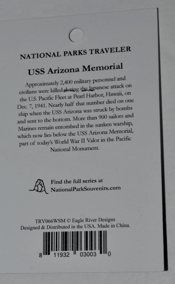 NPS “USS ARIZONA Memorial,” Hiking Stick (1.25″ x 1.50″ Oval) New on Orig Card